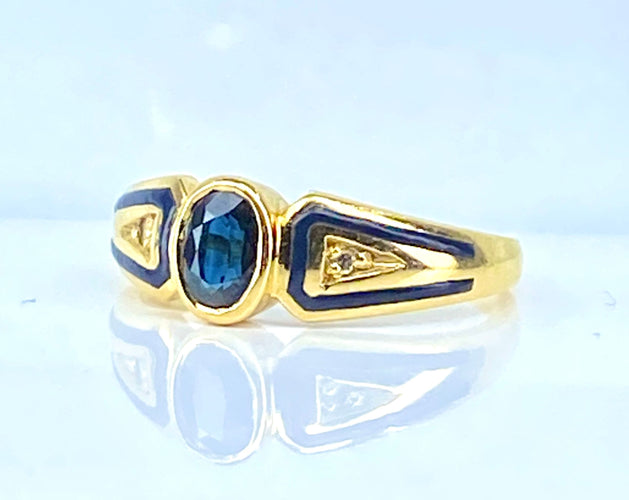 Bague 53 Bague saphir ovale et diamants en or jaune 18 carats et émail 58 Facettes AB676
