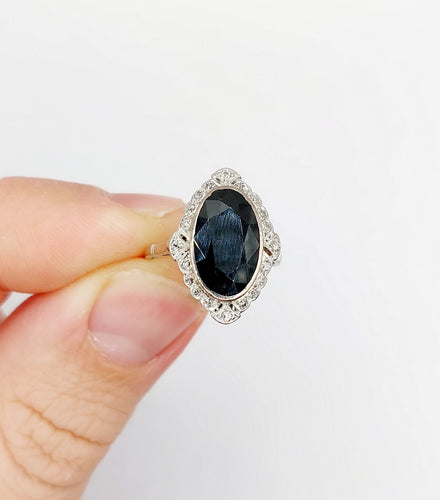Bague 50 Bague pompadour art déco en platine, saphir 4,30 carats et diamants tailles anciennes 58 Facettes A06672