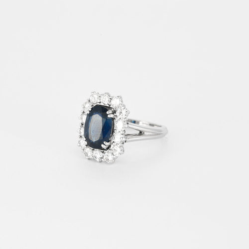 Bague 54 Bague panier en or blanc, diamants et saphir de 3 carats. 58 Facettes