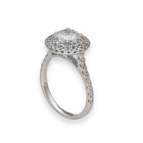 Bague 50 Solitaire Or Gris 18K – Diamant Central 0,82 ct E-VVS2 & Halo 0,50 ct – Certificat HRD 58 Facettes FB10625