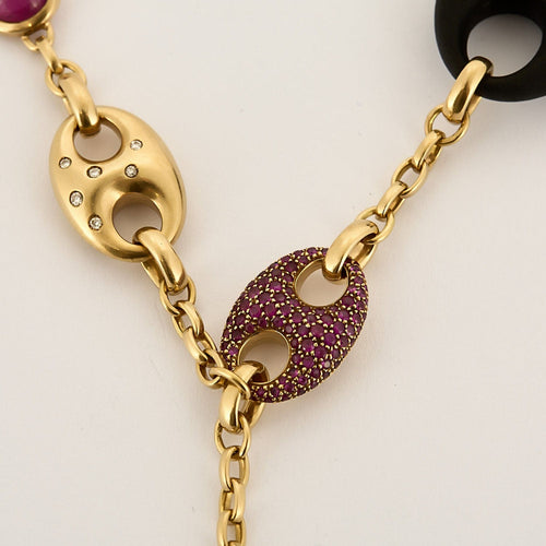 Collier VALENTE MILANO - Collier négligée en or jaune, ébène, rubis, diamants et os. 58 Facettes SMA0232