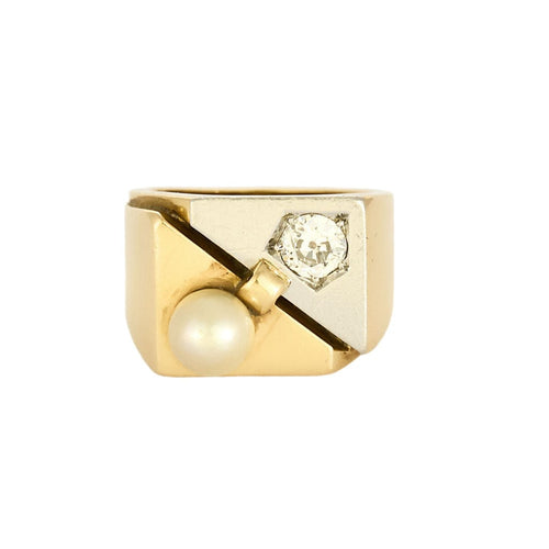 Bague 54,5 Bague de type chevalière en or jaune, or blanc, perle de culture blanche et diamant 58 Facettes TOU1577