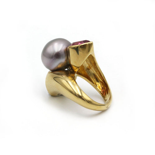 Bague or jaune 18K perle tourmalines roses