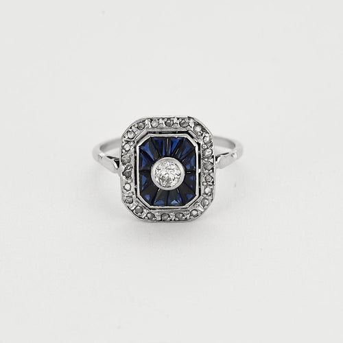 Bague 59 Bague Art Déco en or blanc, saphir et diamants 58 Facettes MB8