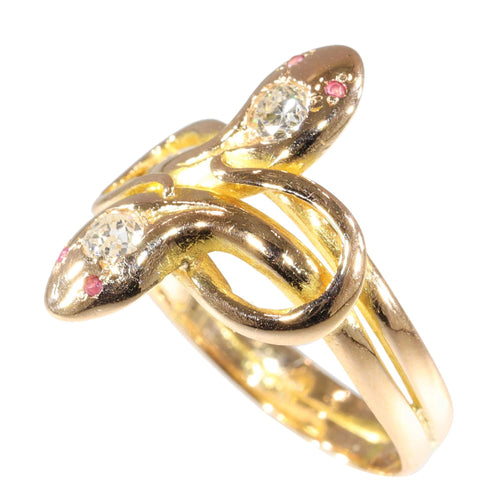 Bague 58 Élégance symbolique : bague antique double serpent avec diamants et rubis 58 Facettes 24278-0102