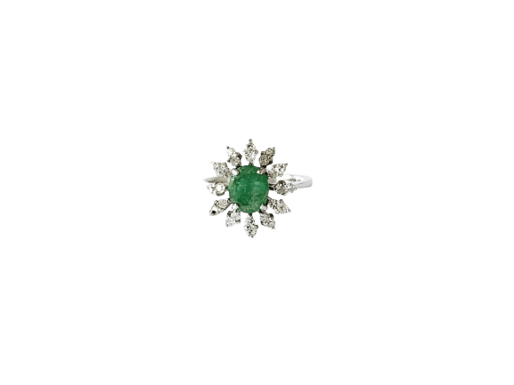 Bague 53 Bague pompadour or blanc, émeraude et diamants 58 Facettes