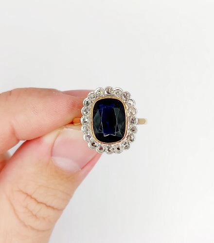 Bague 59 Bague pompadour art deco or jaune 18k pierre bleue et diamant taille rose (circa 1900) 58 Facettes A06202
