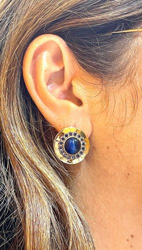 Boucles d'oreilles Parure 4 pièces en or jaune 18 carats saphirs bleus et chrysobéryls oeil de chat 58 Facettes