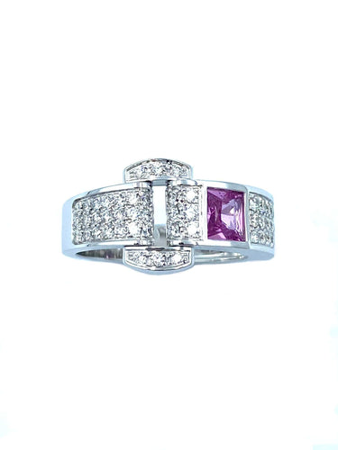 Bague 57 PIAGET. Miss Protocole, bague or blanc, saphir rose et diamants 58 Facettes