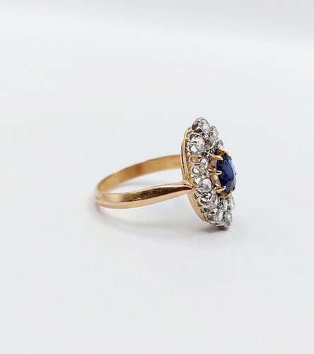 Bague 47 Bague marquise antique or rose 18k saphir synthétique taille coussin et diamants taille roses (circa 1900) 58 Facettes A05612