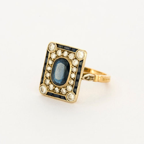 Bague 49 Bague Art Déco en or jaune 18K sertie diamants et saphirs 58 Facettes