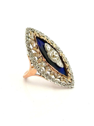 Bague Belle Époque marquise or et argent, diamants anciens