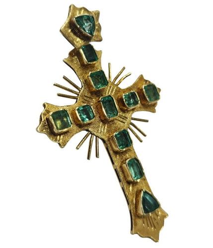 Bague Bague croix de style colonial avec émeraudes colombiennes de 2 ct en or jaune 58 Facettes Q402B