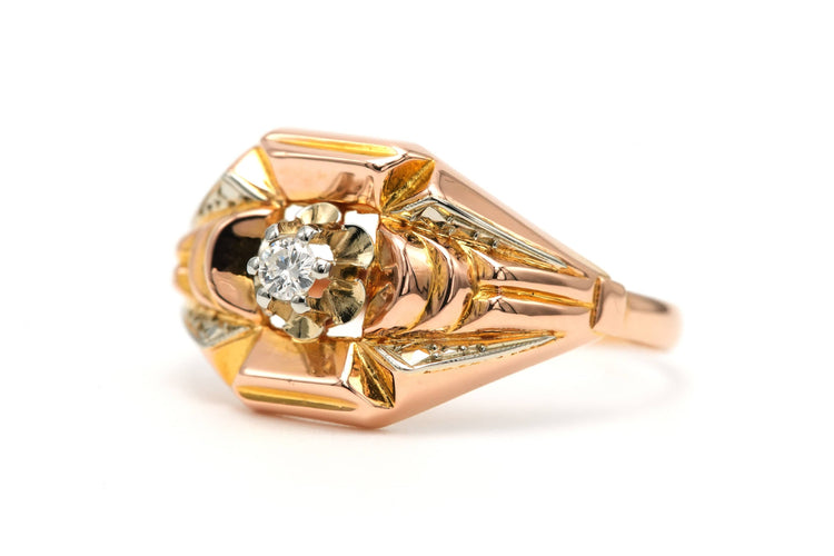 Bague 57 Bague Art Déco en or jaune et blanc 18 carats et diamant taille brillant 0,05 ct 58 Facettes B792