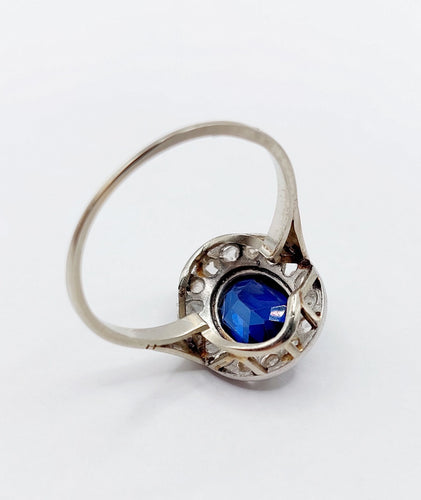 Bague 56 Bague pompadour or blanc et platine, saphir, diamants taille rose (circa 1910) 58 Facettes A04541