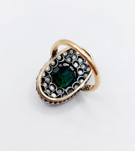 Bague 54 Bague marquise antique en or rose 18k et argent, doublet grenat vert et diamants 58 Facettes A06674