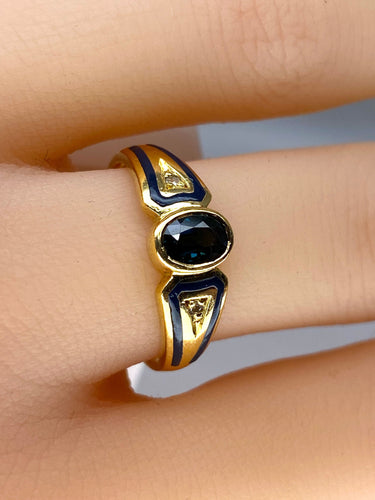 Bague 53 Bague saphir ovale et diamants en or jaune 18 carats et émail 58 Facettes AB676