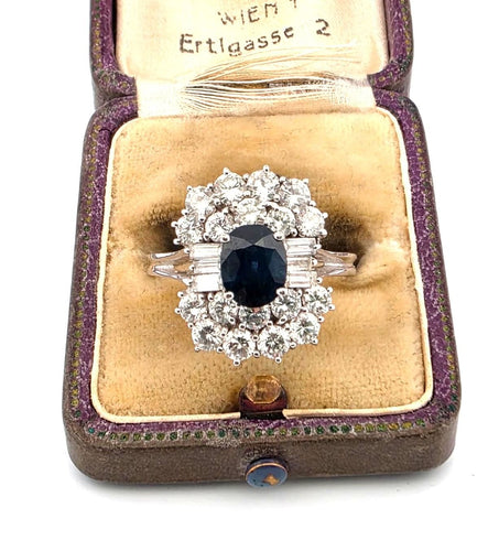 Superbe bague vintage en or blanc, saphir et diamant