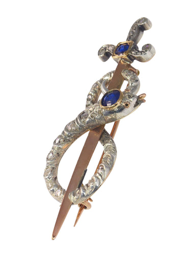 Broche Broche antique en or, diamant et saphir, serpent enroulé autour d'une épée ou d'un poignard 58 Facettes 22297-0136