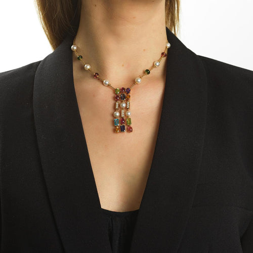 Collier BULGARI - Collier Allegra en or jaune, pierres de couleur, perles et diamants 58 Facettes