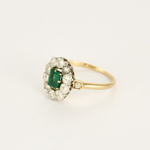 Bague 54 Marguerite en or jaune et blanc, émeraude et diamants 58 Facettes SBR1999X2