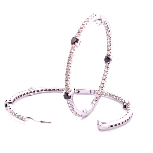 Boucles d'oreilles Créoles or blanc diamants blancs et noirs 58 Facettes