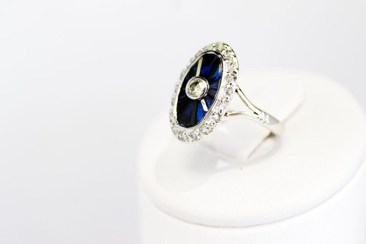 Bague 51 Bague Art Déco or blanc, diamants, saphirs 58 Facettes 250137