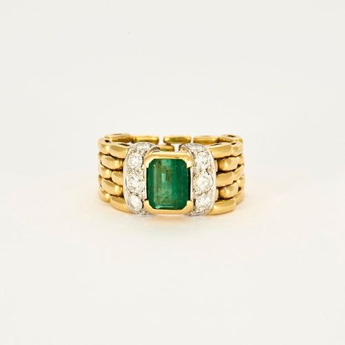 Bague Bague maille graine de riz en or jaune, diamants et émeraude 58 Facettes LP774