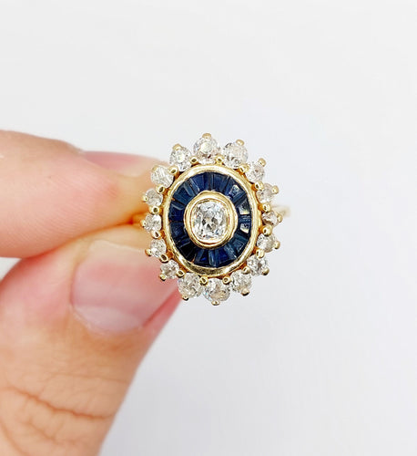 Bague 54 Bague marguerite art déco or jaune, diamants et saphir calibrés 58 Facettes A05533
