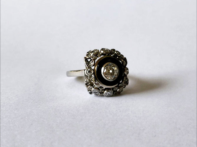 Bague 53 Bague or blanc 18k et Diamants anciens 58 Facettes