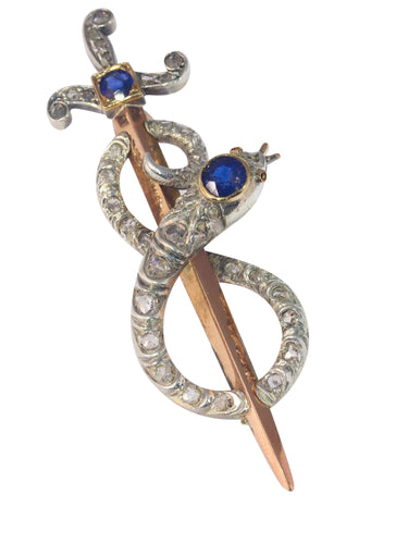 Broche Broche antique en or, diamant et saphir, serpent enroulé autour d'une épée ou d'un poignard 58 Facettes 22297-0136