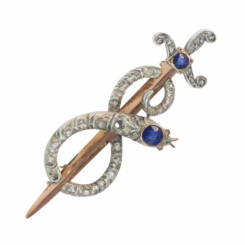 Broche Broche antique en or, diamant et saphir, serpent enroulé autour d'une épée ou d'un poignard 58 Facettes 22297-0136