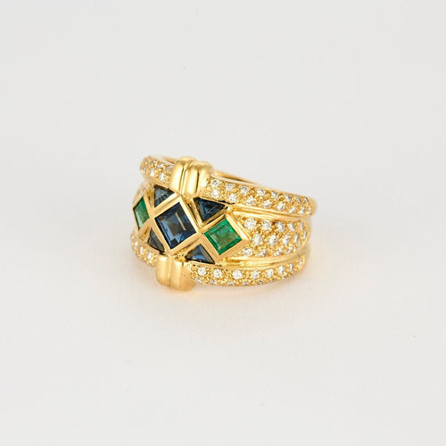 Bague 50 Bague bandeau or jaune, saphirs, émeraudes et diamants 58 Facettes ALGU32