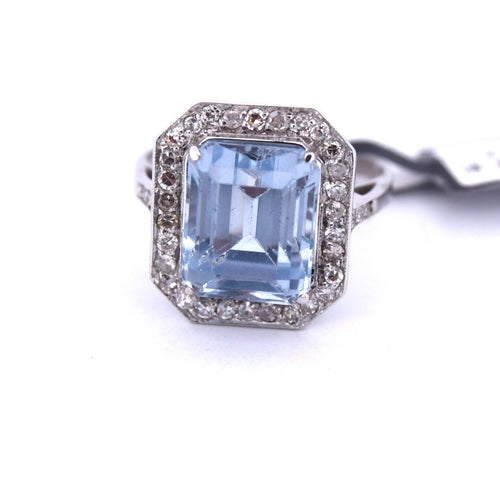 Bague 55 BAGUE EN OR BLANC 18 KT - AIGUE-MARINE ET DIAMANTS - ART DÉCO' 58 Facettes