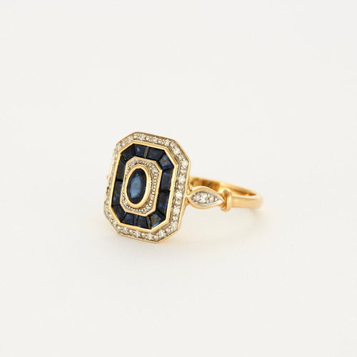 Bague 56 Bague style art déco saphirs, diamants or jaune 58 Facettes 1