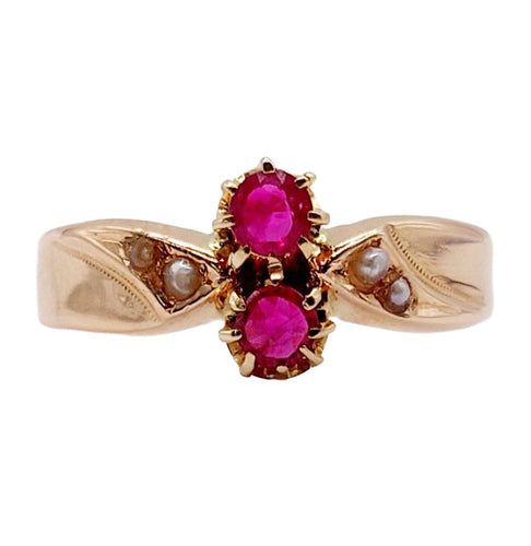 Bague 51.5 Bague antique or rose, rubis synthétiques et perles 58 Facettes A05426