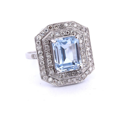 Bague 57 Bague Art Déco - Or blanc, aigue-marine et diamants 58 Facettes