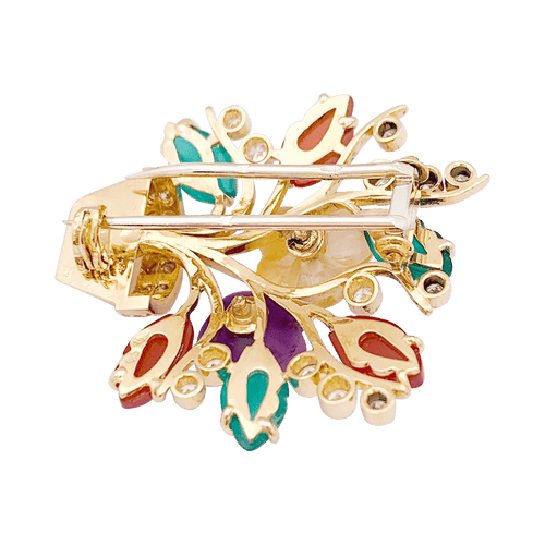 Clip "Fleurs" or jaune, diamants, rubis, pierres de couleur.
