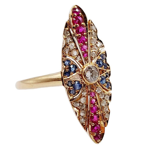 Bague 56 Bague marquise art deco or rose 18k diamant taille ancienne, diamants tailles roses, rubis et saphirs (circa 1920) 58 Facettes A05470