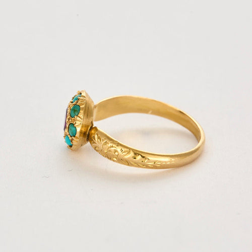 Bague 55 Bague or jaune ciselé, turquoise et pierre violette 58 Facettes EVR25714