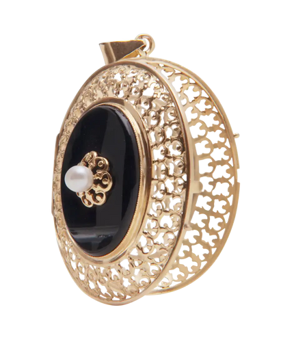 Pendentif Médaillon ciselé en or rose 18K avec onyx et perle fine 58 Facettes BO220334/MEDAILLONONYXCISELE