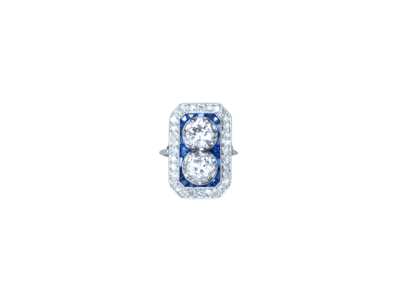 Bague 49 Art Déco - Bague rectangulaire diamants et saphirs calibrés en platine 58 Facettes