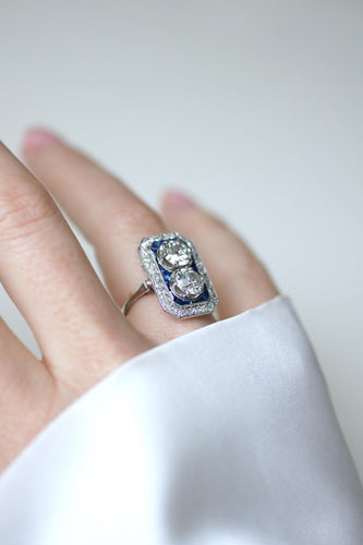 Bague 49 Art Déco - Bague rectangulaire diamants et saphirs calibrés en platine 58 Facettes