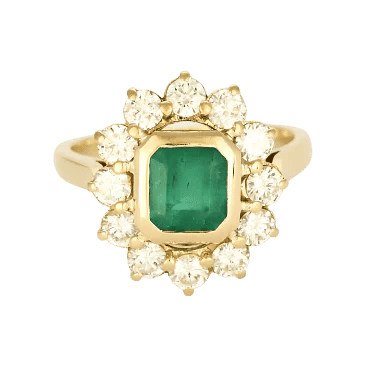 Bague 54 Bague fleur marguerite en or jaune 18K, émeraude et diamants 58 Facettes 58FC124