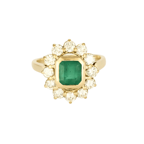 Bague 54 Bague fleur marguerite en or jaune 18K, émeraude et diamants 58 Facettes 58FC124