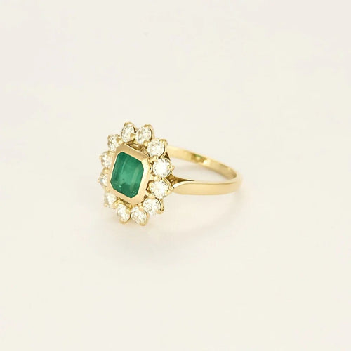 Bague 54 Bague fleur marguerite en or jaune 18K, émeraude et diamants 58 Facettes 58FC124