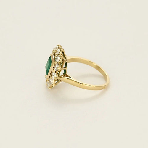 Bague 54 Bague fleur marguerite en or jaune 18K, émeraude et diamants 58 Facettes 58FC124
