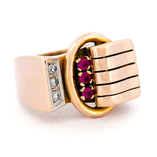 Bague 54.5 Bague tank rétro en or 14k, rubis et diamants 58 Facettes AE57BAE41CA344DDBF1C217207860792