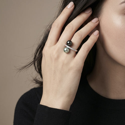 Bague 52 Bague - Perles de culture de Tahiti et diamants en or gris 58 Facettes OC-61400041