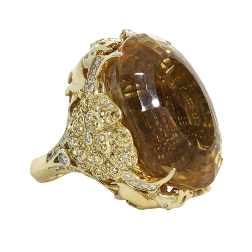 Bague Cerfs-Fleurs en or jaune, citrine et diamants